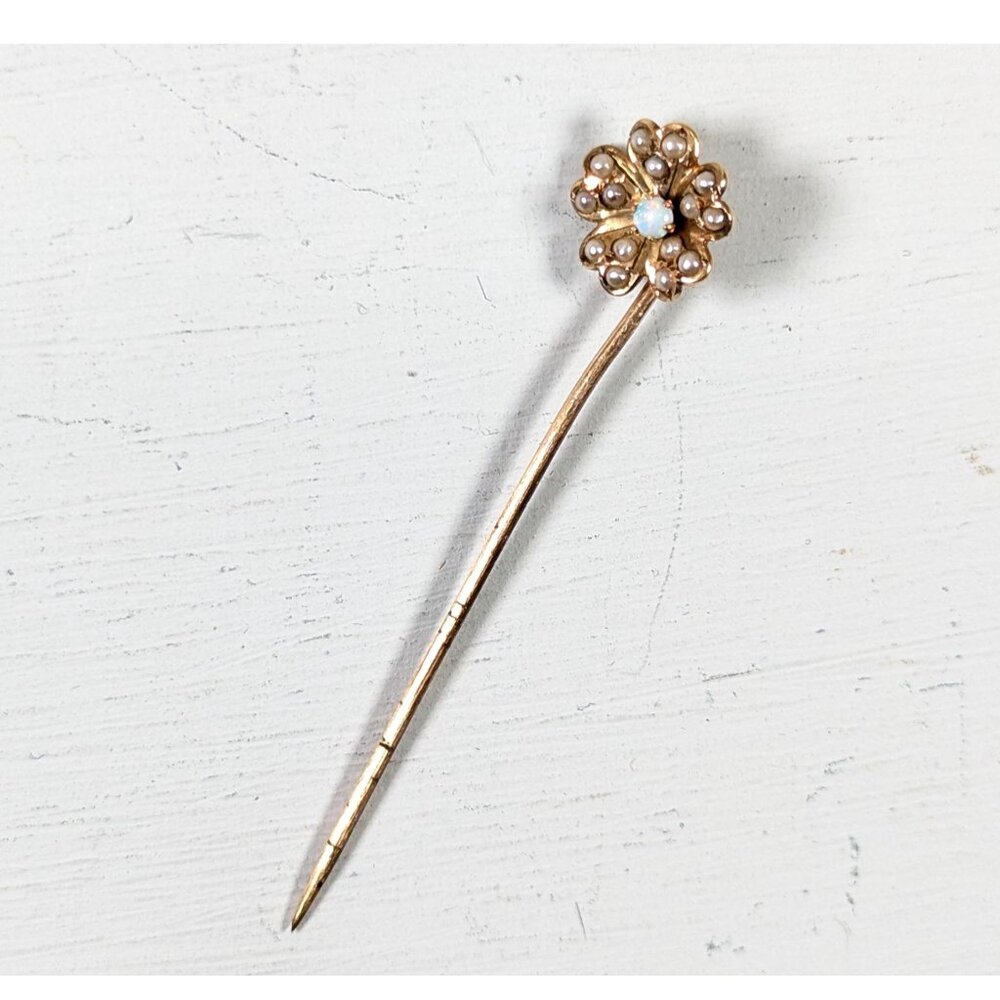 Antique Gold Filled Opal and Pearl stickpin, gilded floral tiepin